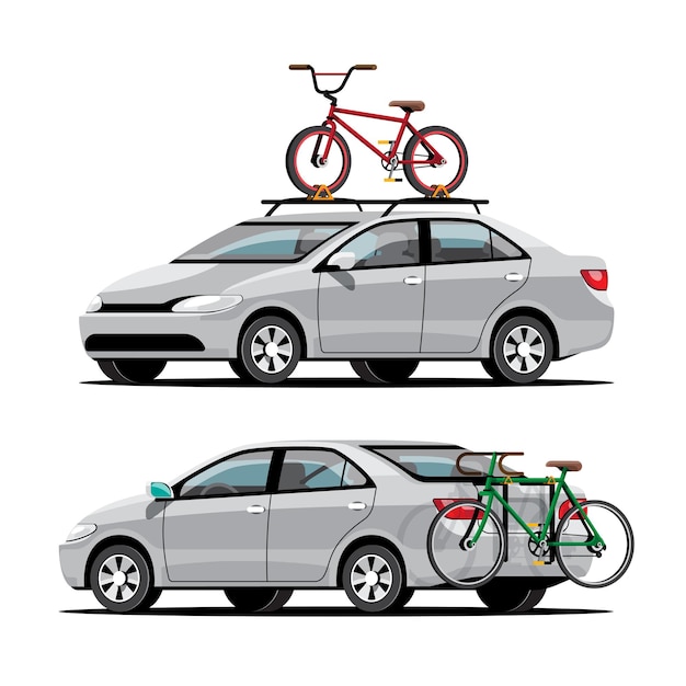 Free vector tourists are equipped with equipment to carry bicycles on their cars to go on a scenic ride at tourist attractions. flat vector illustration design