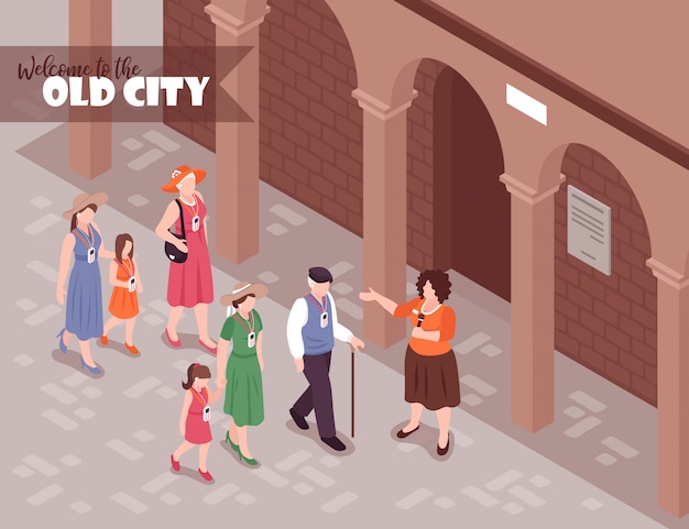 Free Vector tourists listening to female guide on excursion around old town 3d isometric 