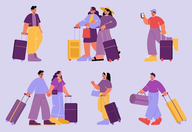 Free vector tourists travel with suitcases and bag. men, women, friends and couple with luggage go in journey. vector cartoon illustration of people with baggage isolated on background