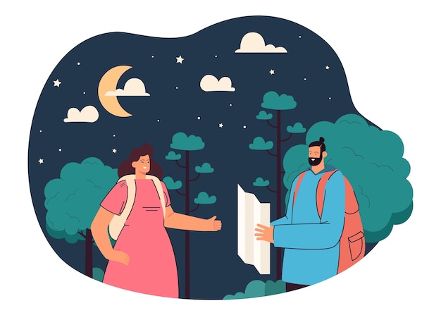 Tourists using map in night forest flat vector illustration. Man and woman with backpacks looking for way home. Trip, journey, recreation concept for banner, website design or landing web page