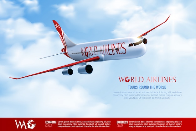 Tours around world advertising poster with traveling passenger airplane on cloudy blue sky  realistic