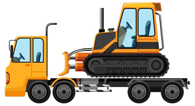 Tow truck carrying bulldozer isolated background