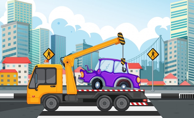 Free Vector tow truck lifting car on the road