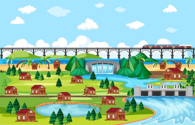 Free vector town or city and bridge train landscape scene in cartoon style