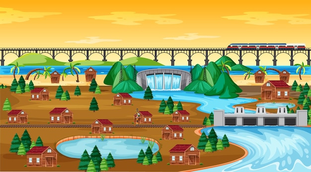 Free vector town or city and bridge train landscape scene in cartoon style