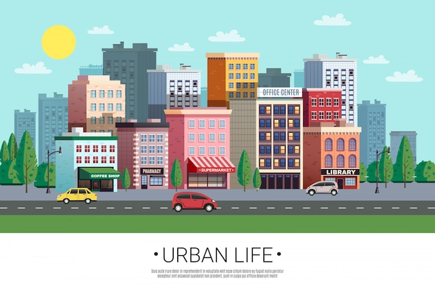 Free Vector town city street summer illustration 