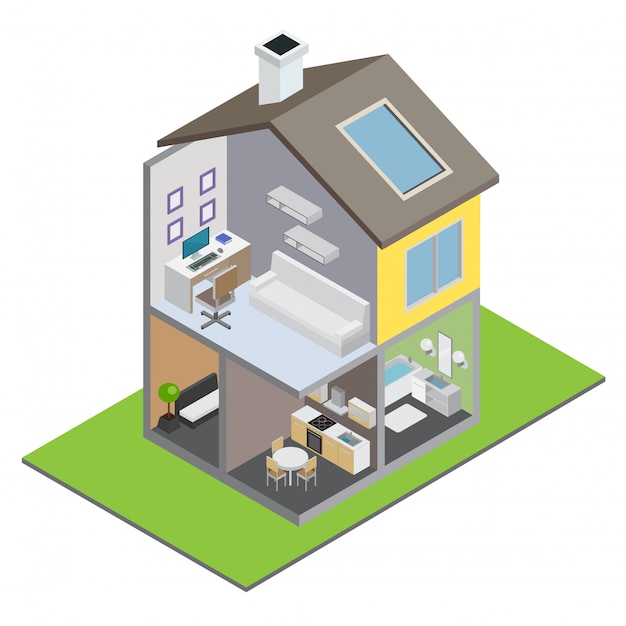 Townhouse building with town house interior and furniture isometric