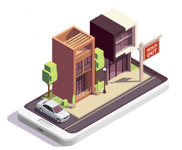 Townhouse buildings isometric composition with outdoor view of two modern dwelling houses with sold out sign