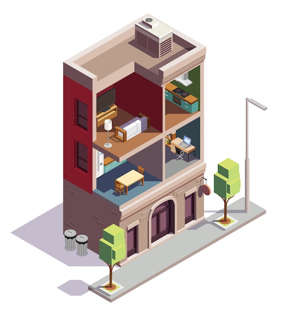 Townhouse buildings isometric composition with profile view of urban dwelling house with separate rooms and furniture