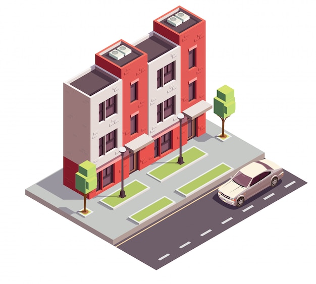 Townhouse buildings isometric composition with view of city street motorway sidewalk and three-storey residential house