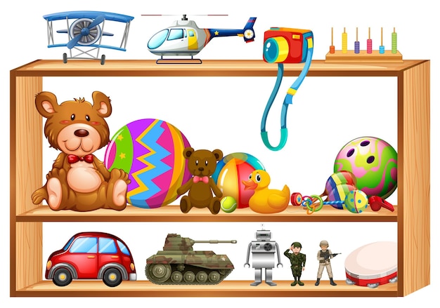 Free Vector toys on wooden shelves