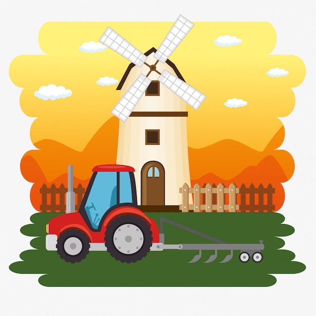 Free vector tractor in the farm scene