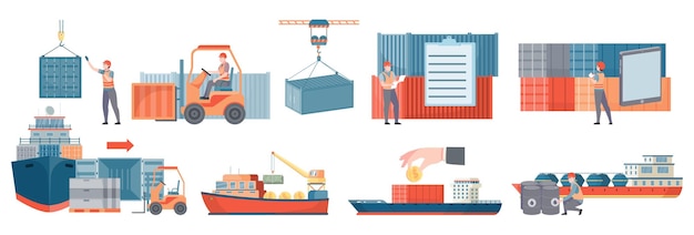 Trade ship flat icons set of delivery water transport and equipment for cargo transshipment isolated vector illustration