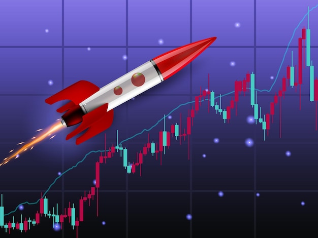 Free Vector trading graph rising high with rocket on gradient background with sparkling stars flat vector illustration