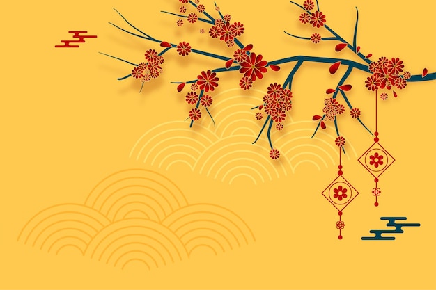 Traditional chinese background with sakura tree and lantern decoration