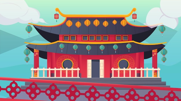 Free Vector traditional chinese temple exterior decorated with colourful lanterns at new year flat illustration