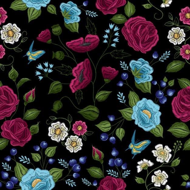 Free Vector traditional floral folk style embroidery seamless pattern