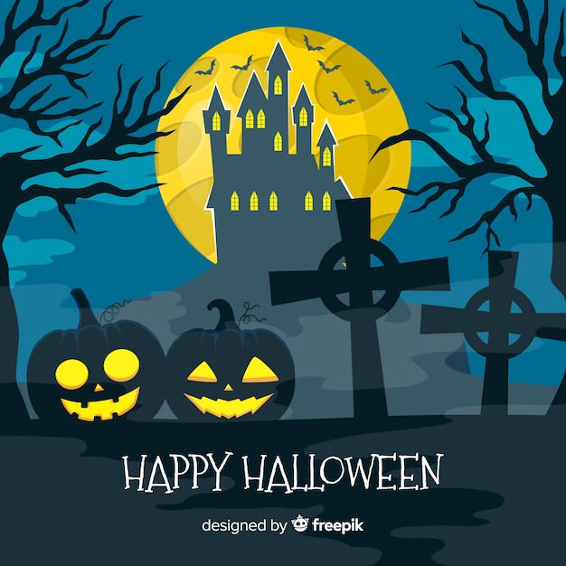 Free vector traditional halloween background with cemetery and pumpkins