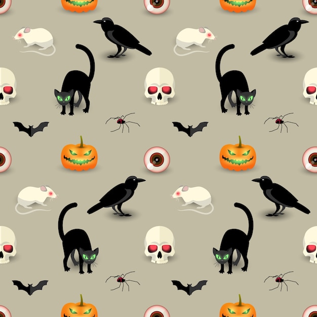 Traditional Halloween seamless pattern with skull black cat raven bat spider pumpkin rat human eye