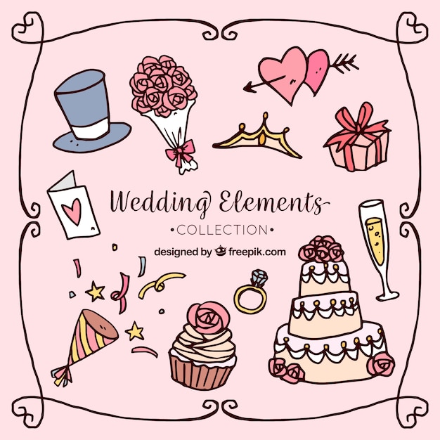 Free Vector traditional hand drawn wedding element collection