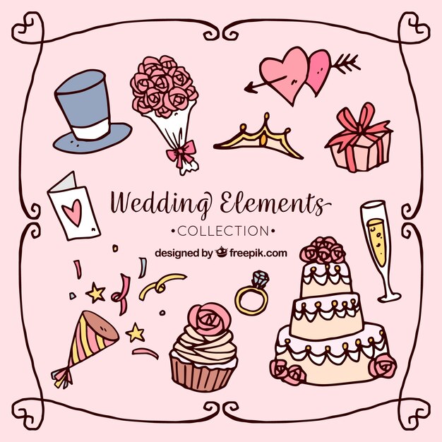 Traditional hand drawn wedding element collection