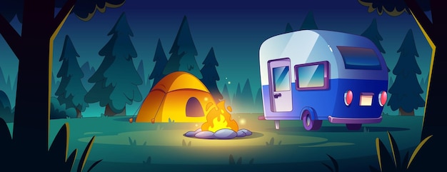 Free Vector trailer camp in night forest