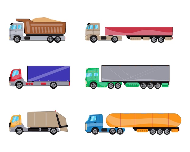 Free vector trailer trucks side view set commercial lorry truck with container dump truck garbage truck