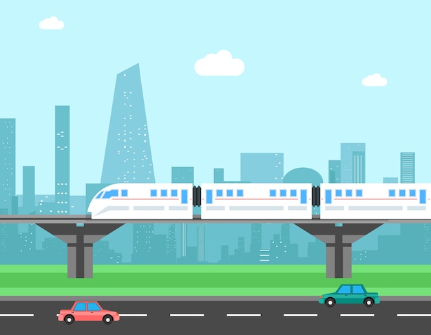 Free Vector train and cityscape. transportation vector concept. transport city, railroad and traffic