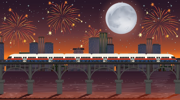 Free Vector train cross the river with celebration fireworks scene