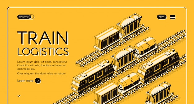 Free Vector train logistics service isometric web banner. locomotive pulling freight train 