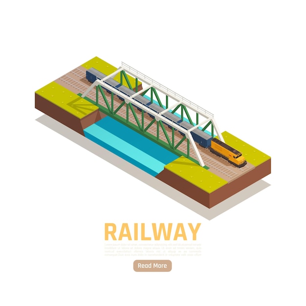 Free vector train railway station isometric illustration with editable text read more button and train passing river bridge