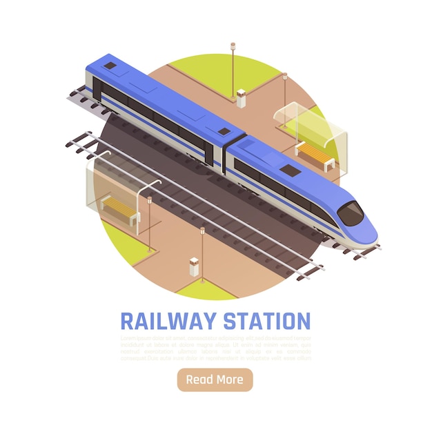 Train railway station isometric illustration with round composition train stop editable text and read more button