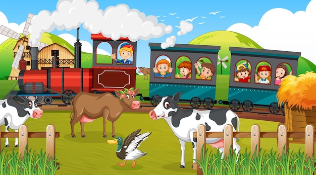 Free Vector train riding with children in the countryside