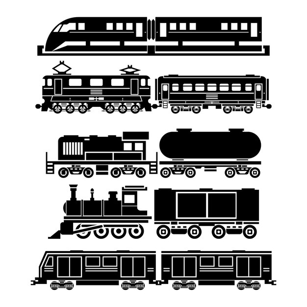 Train, sky train, subway icons set. Passenger and public transport symbols. Transportation travel, vehicle traffic, 