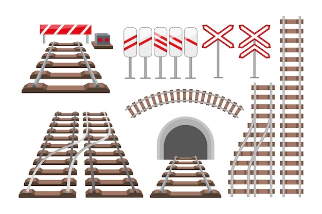 Free Vector train tracks and railway signs vector illustrations set. top and perspective view of railroad elements for maps, curved road isolated on white background. transport, transportation concept