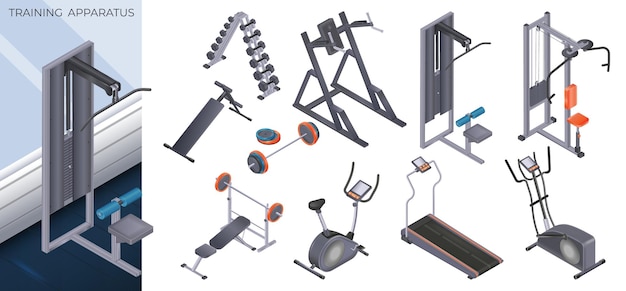 Training apparatus realistic composition with various equipment for gym isolated vector illustration