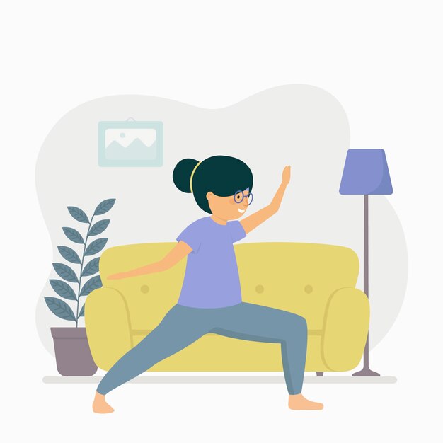 Training at home concept with woman and couch