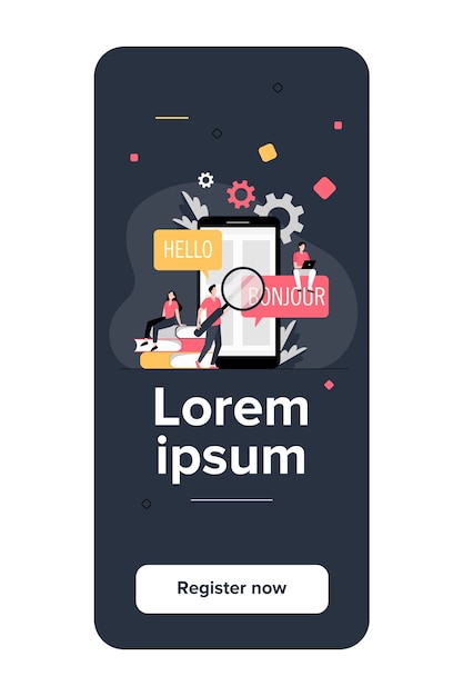 Translating app on mobile phone. People using online translation service, translating from English into French