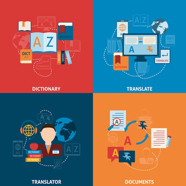 Free Vector translation and dictionary flat icons composition