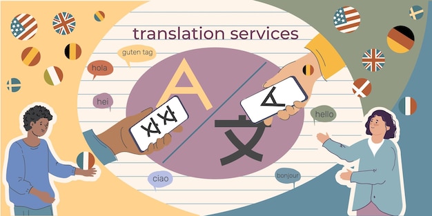 Free Vector translation service composition with collage of flat thought bubbles with text country balls and human characters vector illustration