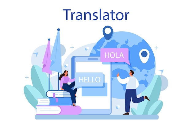 Free Vector translator concept linguist translating document books and speach multilanguage translator using dictionary translation service isolated vector illustration