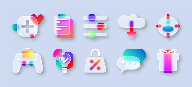 Free Vector transparent matte glass morphism ui icon set with blur neon gradient of business strategy gamepad