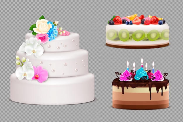 Transparent set of handmade festive cakes to order for birthday wedding or other holiday realistic illustration