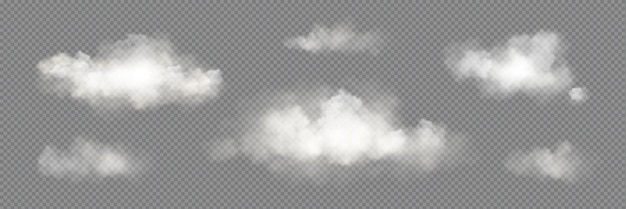 Transparent vector white cloud sky realistic set Fog smoke png texture isolated design Abstract cloudy air effect with day light icon collection 3d beautiful nature atmosphere vapor smoky steam