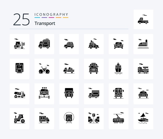 Transport 25 Solid Glyph icon pack including travel transport car train transport