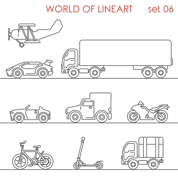 Free vector transport aerial road moto bicycle kick scooter motor plane al line art style  set.