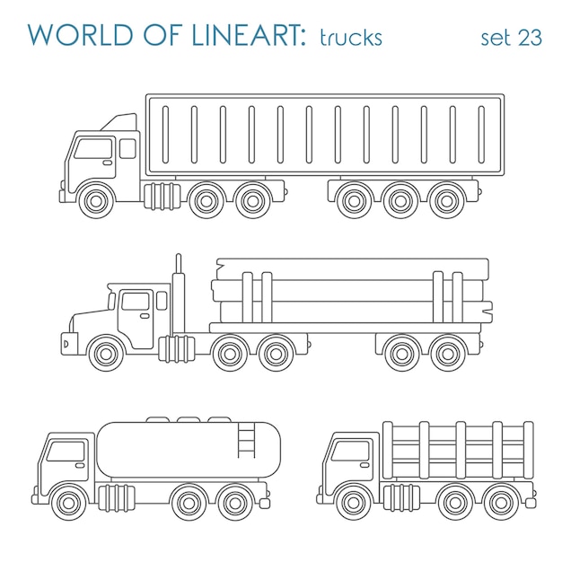 Transport cargo log oil cistern al lineart  set. Line art collection.