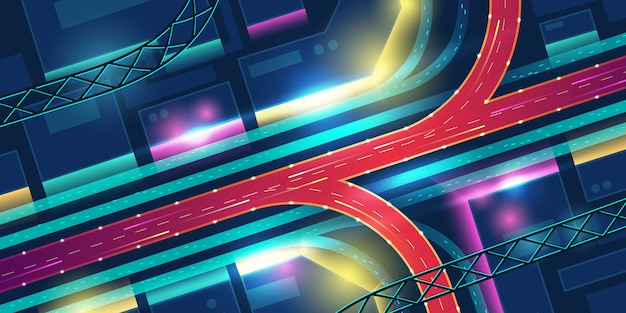 Free Vector transport interchange road in night neon city top view