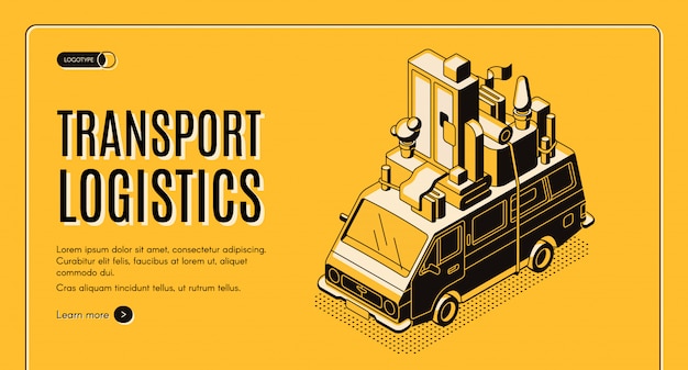 Free Vector transport logistics isometric vector web banner with wan transporting home furniture on roof line art illustration.