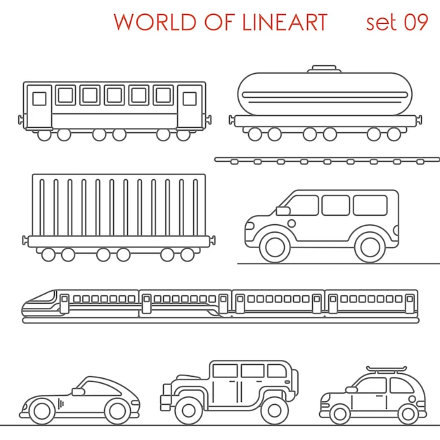 Free Vector transport railroad road wagon cistern container jeep al lineart  set. line art collection.